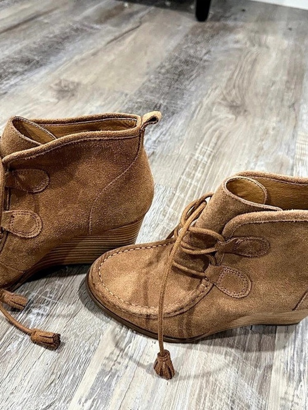 Lucky Brand Brown Leather Wedge Booties Like New